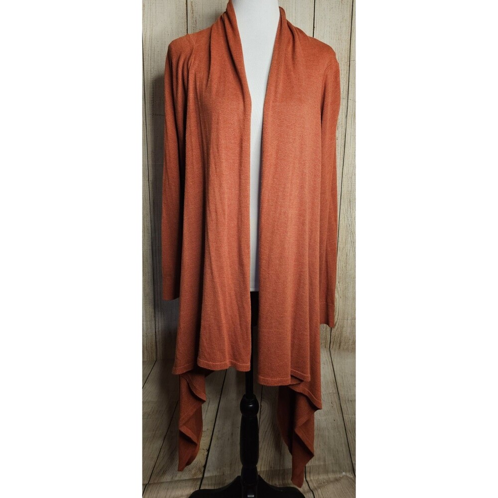 Chico’s Size 2 Cardigan Womens Rust Orange Open Front Draped Asymmetrical Hem